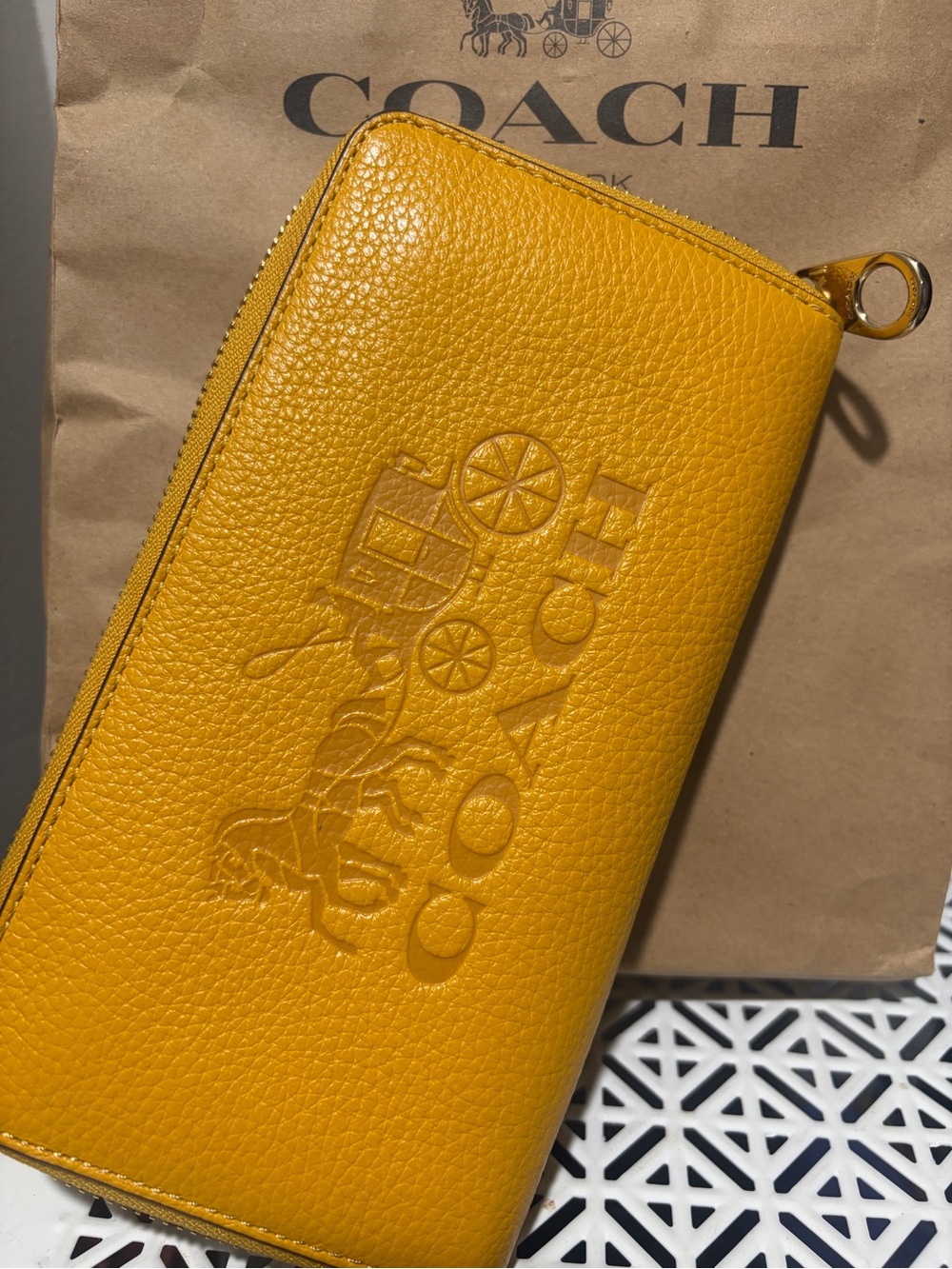 Coach Yellow Pebbled Leather Zip-Around Wallet with Embossed Logo